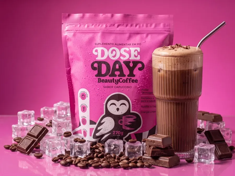 Doseday Beauty Coffee — sachê e cappuccino gelado com grãos de café e chocolate