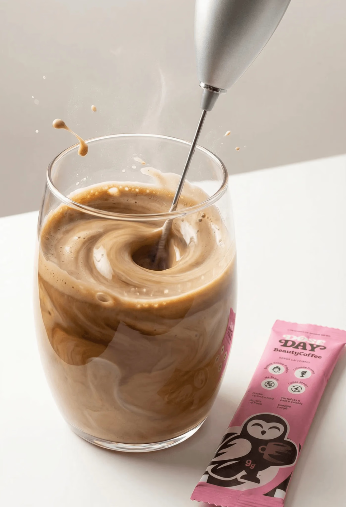 Copo com Doseday Beauty Coffee sendo preparado ao lado do sachê