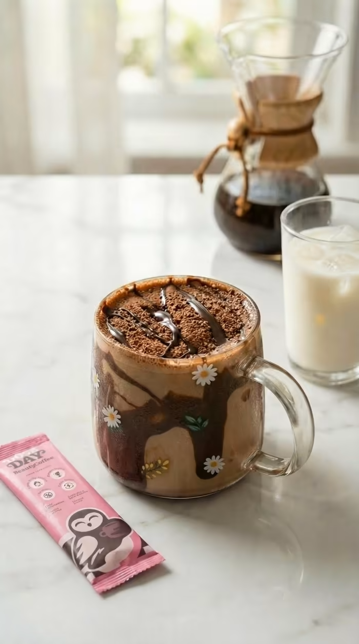 Caneca de cappuccino Doseday pronta para consumo sobre a bancada